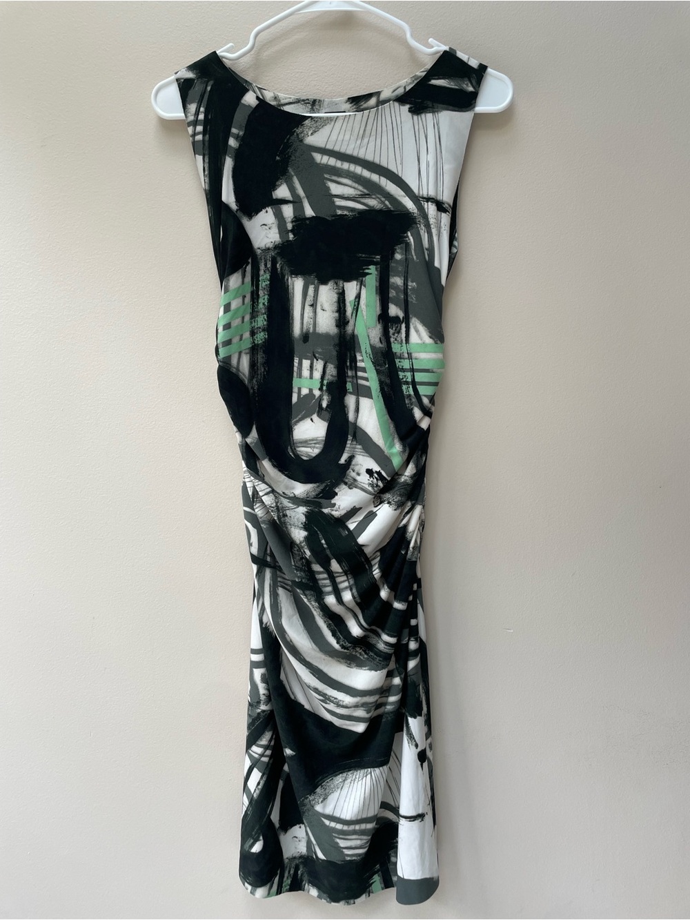 Norma Kamali Graffiti Ruched Bodycon Dress White Green Black Raw Hem Size M